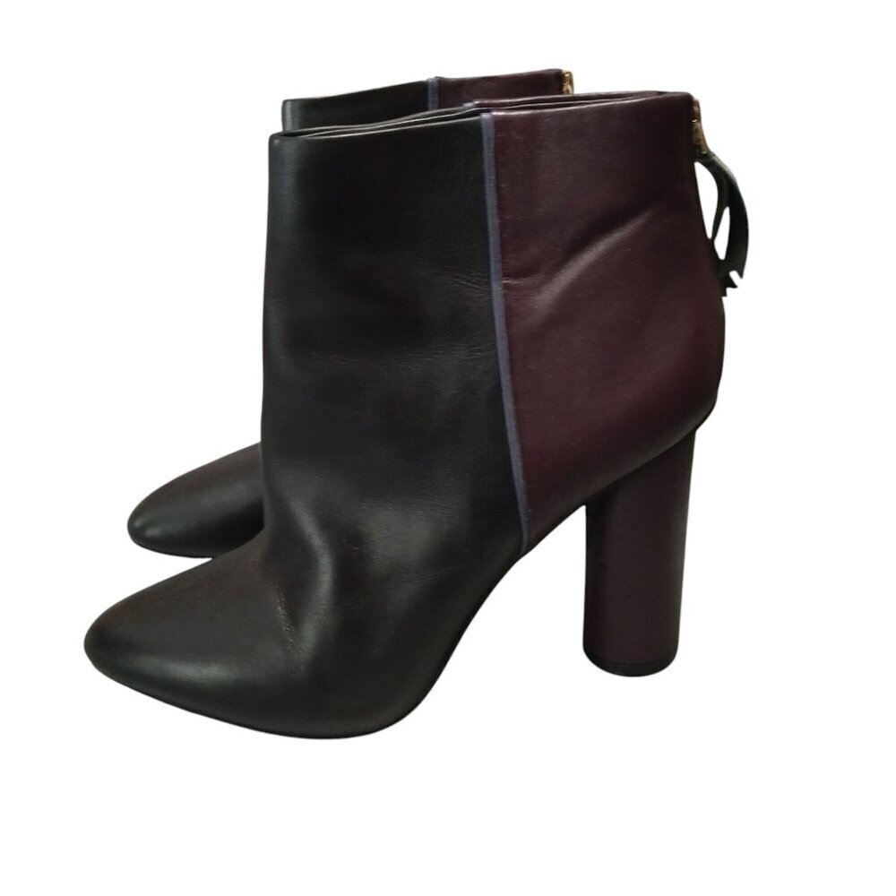 Cabi Size 10M Bisset Black Plum Two-Tone Leather Heeled Ankle Boots Zip Back